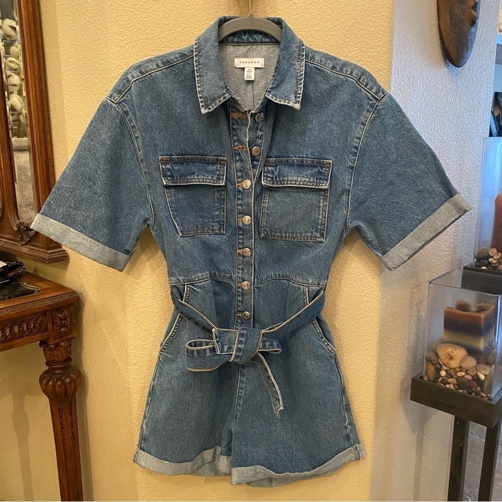 NWT~TOPSHOP Women Blue Denim Belted Romper Size 4